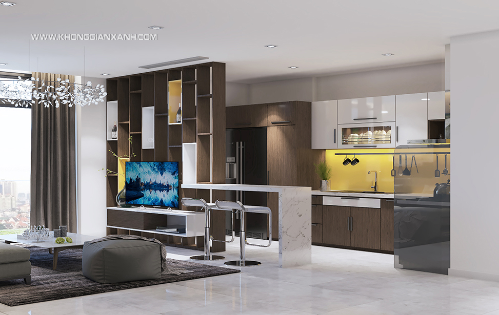 Vách ngăn bằng gỗ kết hợp với quầy bar mini