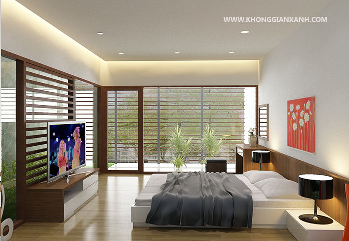 Phòng ngủ có view hướng ra sân vườn rộng lớn của Villa